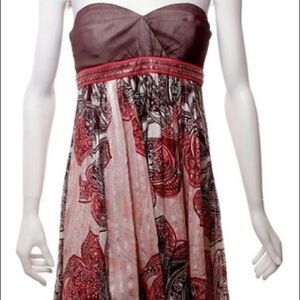 BCBGMaxAzria | Brown/Maroon Strapless Paisley Print Silk Dress | 2